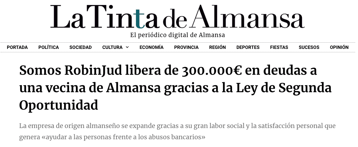 Publicacion noticia en la Tinta de Almansa de RobinJud consigue liberar una deuda de 300.000€